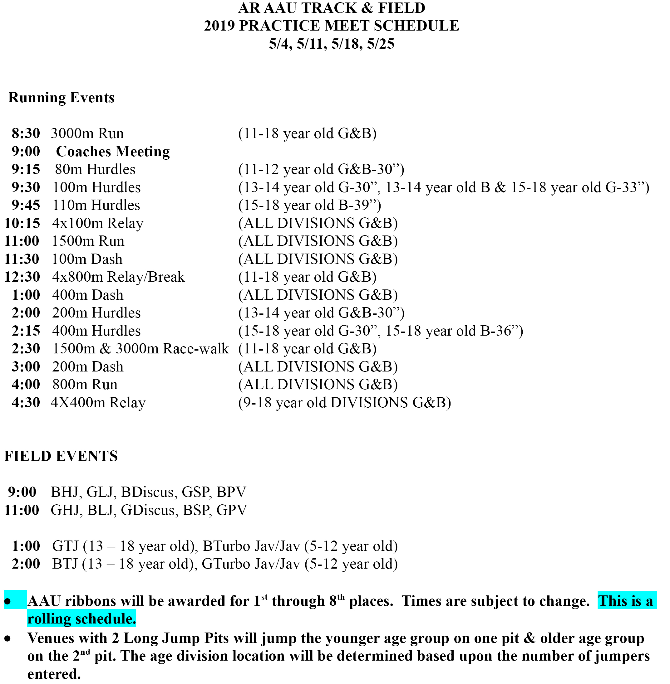FINAL TRACK FIELD Practice Meet Schedule
